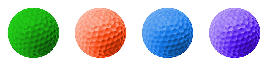 four different coloured golf balls
