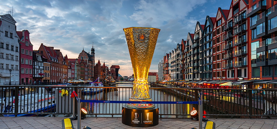 europa league trophy large replica on display in poland before final