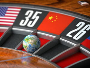close up roulette ball painted as the world in number slot with china flag